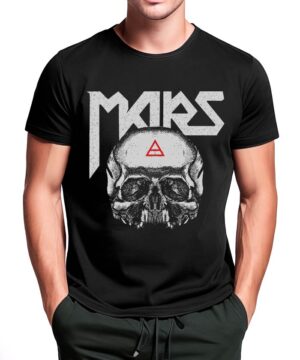 Czarna koszulka męska THIRTY SECONDS TO MARS z nadrukiem czaszki, czerwonym trójkątem i napisem MARS na klatce piersiowej.