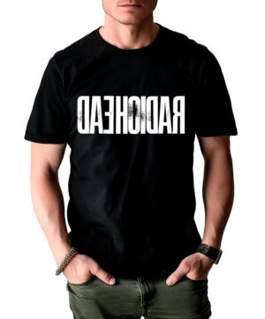 Czarna koszulka męska RADIOHEAD "DAEHOIDAR" z białym, lustrzanym napisem, model z krótkim rękawem.