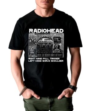 RADIOHEAD koszulka męska "Evrything", czarna z białą grafiką i napisem: PRAWA RĘKA POCIĄGA ZA SPUST LEWA RĘKA WZRUSZA RAMIONAMI.