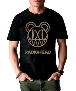 Czarna koszulka męska RADIOHEAD z nadrukiem przedstawiającym twarz misia i napisem RADIOHEAD pod grafiką.