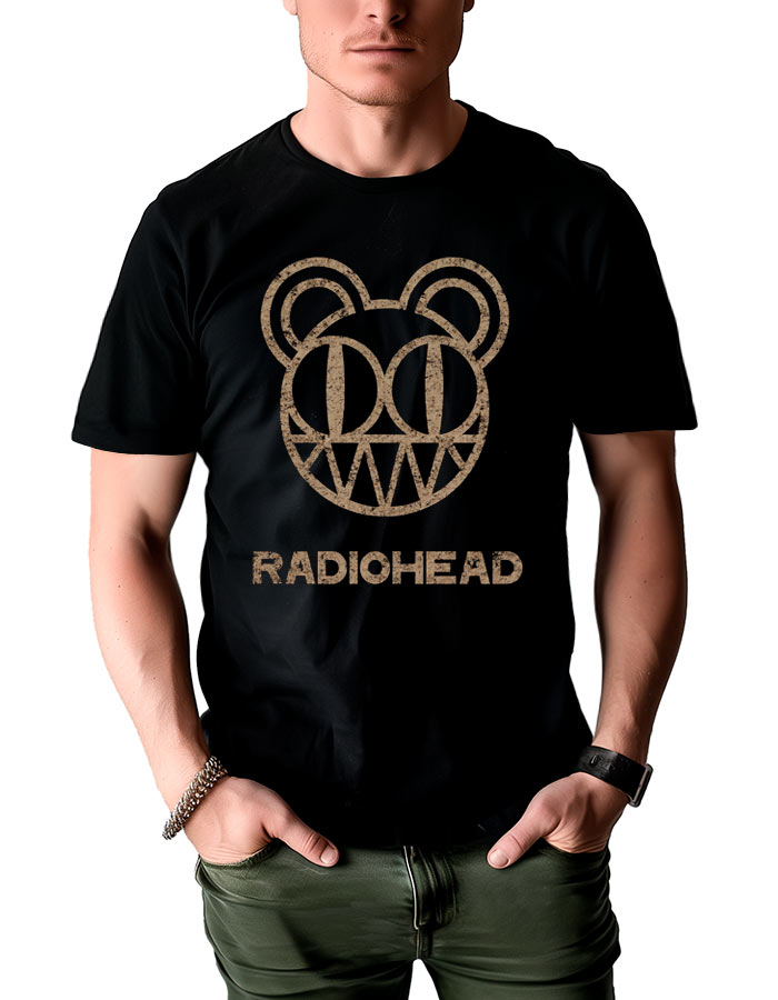 tshirt-muzyczny-meski-czarny-radiohead-logo-distressed Czarna koszulka męska RADIOHEAD z nadrukiem przedstawiającym twarz misia i napisem RADIOHEAD pod grafiką.