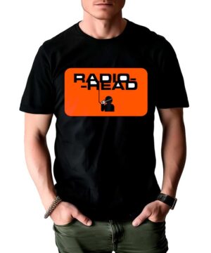 Czarna koszulka RADIOHEAD "Oxygen" z pomarańczowym nadrukiem logo oraz grafiką postaci z megafonem, unisex.