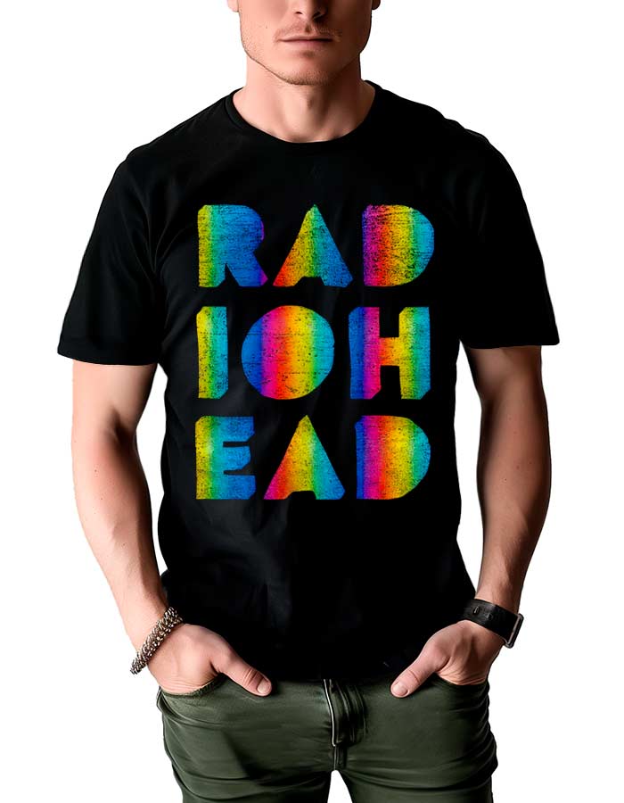 tshirt-muzyczny-meski-czarny-radiohead-rainbow-cutout Czarna koszulka męska RADIOHEAD z napisem w dużych, tęczowych, przetartych literach, model "Rainbow cutout".