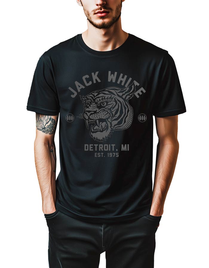 JACK WHITE "Tiger EST. 1975" czarna koszulka męska z nadrukiem tygrysa oraz napisem Jack White, Detroit, MI, Est. 1975.