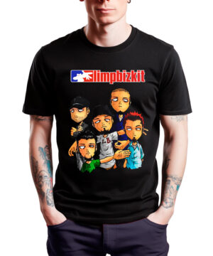 Czarna koszulka męska LIMP BIZKIT Cartoon Band z nadrukiem postaci członków zespołu oraz czerwono-niebieskim logo.