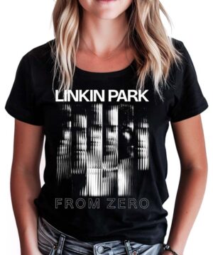 Czarna damska koszulka LINKIN PARK z nadrukiem "From Zero 2024 Tour" oraz graficznym wzorem i logo na przodzie.