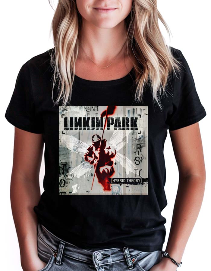 Koszulka damska czarna z nadrukiem okładki albumu LINKIN PARK "Hybrid Theory cover" z widocznym logo i grafiką zespołu.