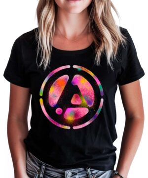 Czarna damska koszulka LINKIN PARK z kolorowym, abstrakcyjnym wzorem "Joe's Spray logo" na przodzie.