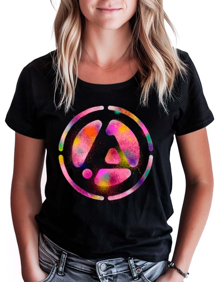 tshirt-damski-czarny-linkin-park-joe's-spray-logo Czarna damska koszulka LINKIN PARK z kolorowym, abstrakcyjnym wzorem "Joe's Spray logo" na przodzie.