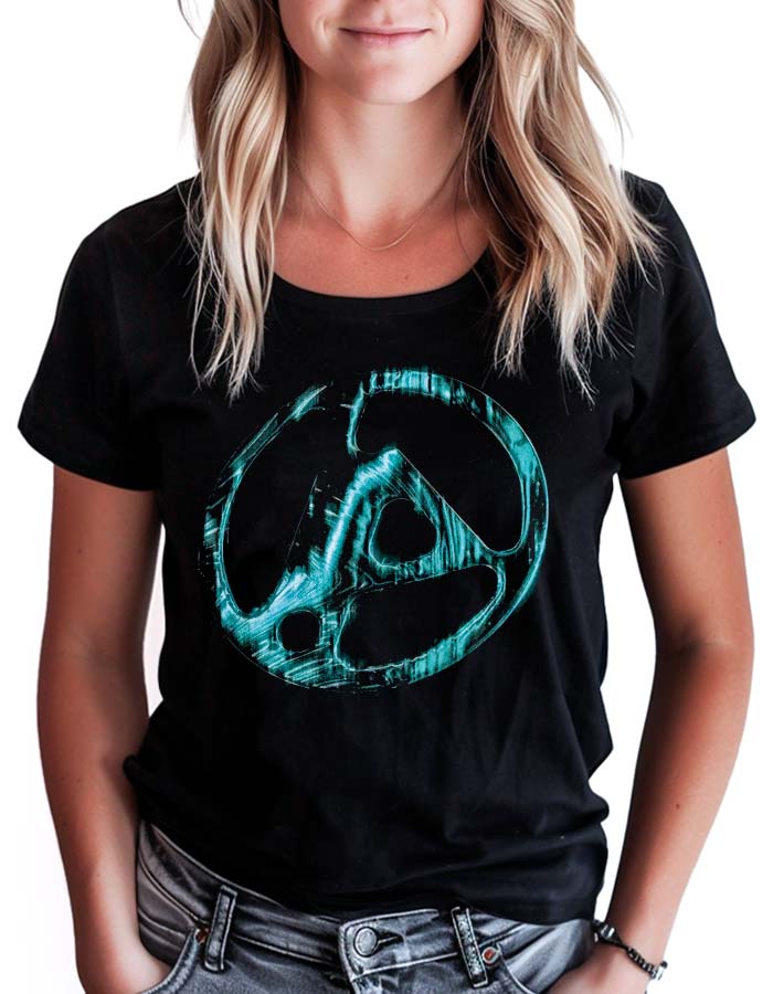 Czarna damska koszulka LINKIN PARK z dużym, niebiesko-zielonym, postarzanym okrągłym logo "Morph" na przodzie.