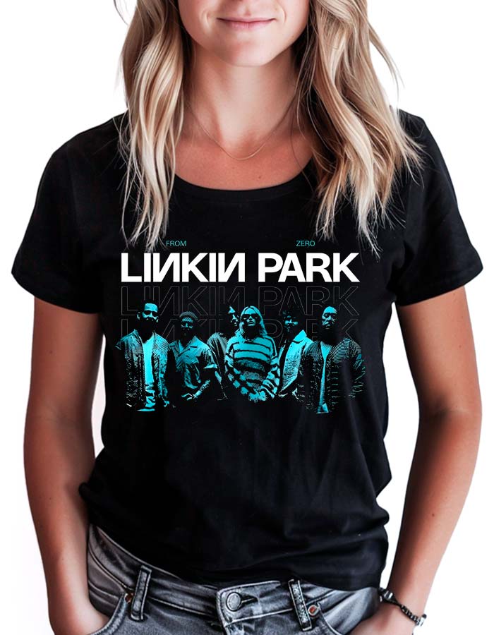 Koszulka damska LINKIN PARK, czarna z niebieskim nadrukiem zespołu i napisem FROM ZERO LINKIN PARK na przodzie.