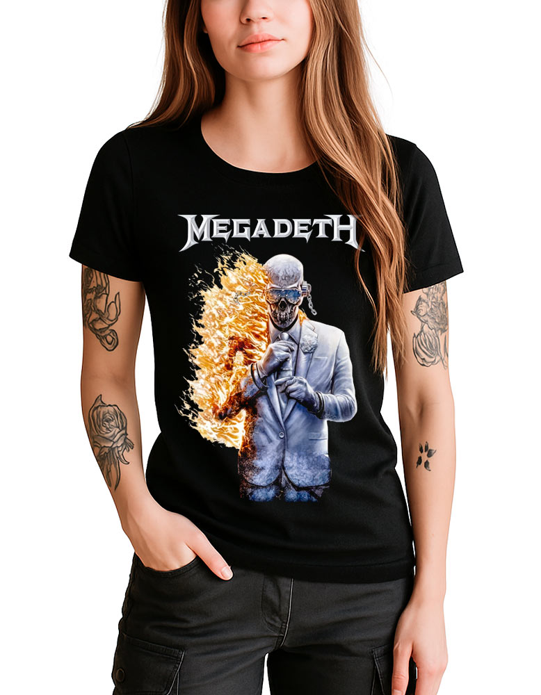 tshirt-damski-muzyczny-czarny-megadeth-album-17-cover Czarna koszulka damska MEGADETH "Album 17 Cover" z grafiką szkieletu w garniturze i płomieniami po jednej stronie.