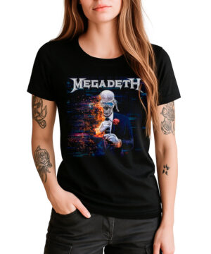 Czarna koszulka damska MEGADETH "Cyber Army Exclusive" z nadrukiem czaszki w garniturze, rozpraszająca się na piksele.