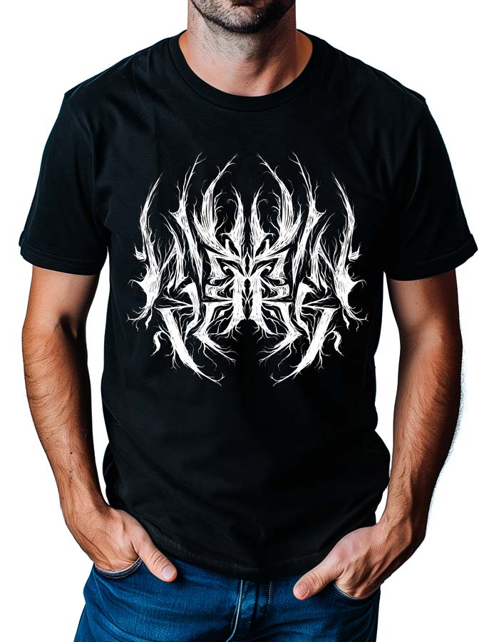 tshirt-meski-czarny-linkin-park-casualtee Czarna męska koszulka LINKIN PARK "Casualtee" z białym, abstrakcyjnym wzorem na froncie, model trzyma ręce w kieszeniach.
