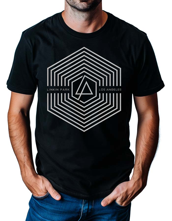 tshirt-meski-czarny-linkin-park-concentric Czarna koszulka męska LINKIN PARK "Concentric" z geometrycznym heksagonem i logo zespołu na przodzie.