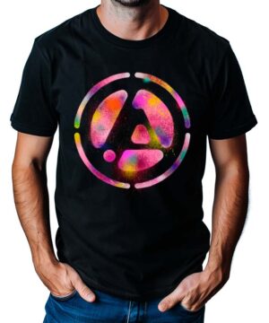 Koszulka męska LINKIN PARK "Joe's spray logo" czarna z kolorowym abstrakcyjnym logo na piersi, widoczna na białym tle.
