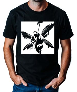 Czarna koszulka LINKIN PARK "Soldier" z białym nadrukiem skrzydlatego żołnierza trzymającego broń na froncie.