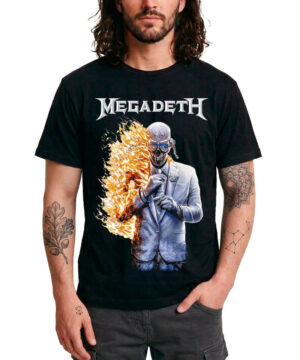 Czarna koszulka męska MEGADETH z grafiką "Album 17 Cover" i logo zespołu, humanoid w garniturze częściowo w płomieniach.