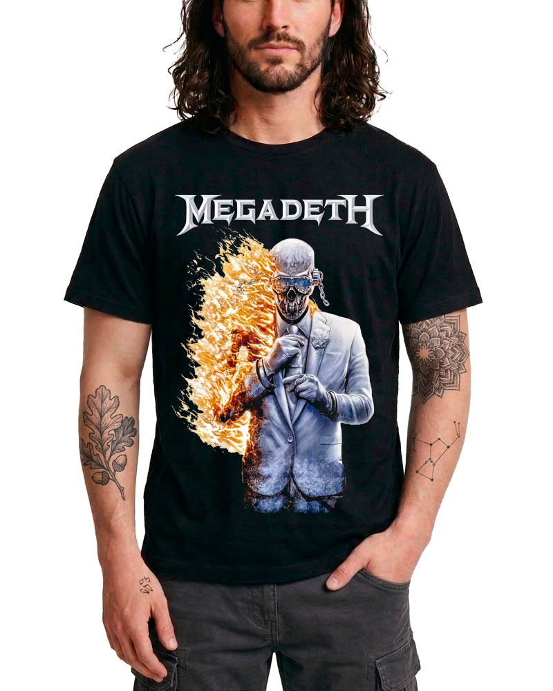 tshirt-meski-muzyczny-czarny-megadeth-album-17-cover Czarna koszulka męska MEGADETH z grafiką "Album 17 Cover" i logo zespołu, humanoid w garniturze częściowo w płomieniach.