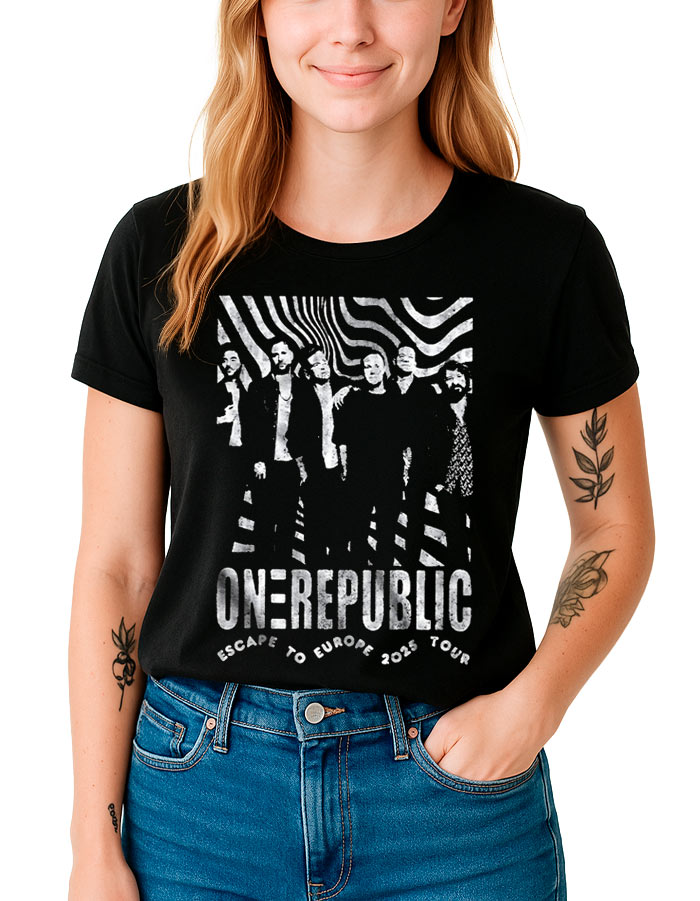 tshirt-muzyczny-damski-czarny-one-republic-escape-to-europe-photo Czarna koszulka damska ONE REPUBLIC z nadrukiem zespołu i napisem OneRepublic Escape to Europe 2026 Tour.