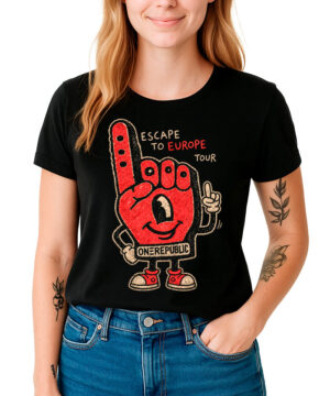 Czarna koszulka damska ONE REPUBLIC z czerwonym rysunkiem foam finger i napisem "Escape to Europe Tour OneRepublic".