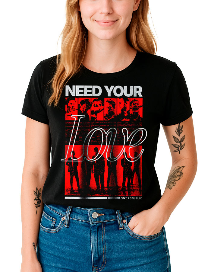 tshirt-muzyczny-damski-czarny-one-republic-need-your-love-poster Czarna koszulka damska z napisem "Need Your Love" i czerwono-czarną grafiką sylwetek inspirowaną ONE REPUBLIC.