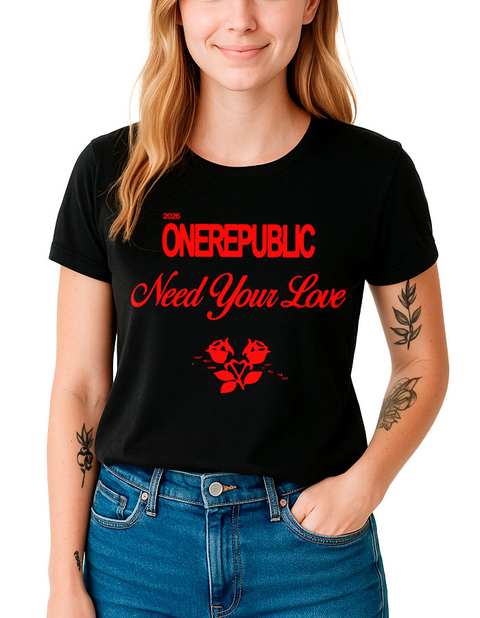 tshirt-muzyczny-damski-czarny-one-republic-need-your-love-rose Czarna koszulka damska ONE REPUBLIC "Need Your Love Rose" z czerwonym napisem i dwoma ilustracjami róż.