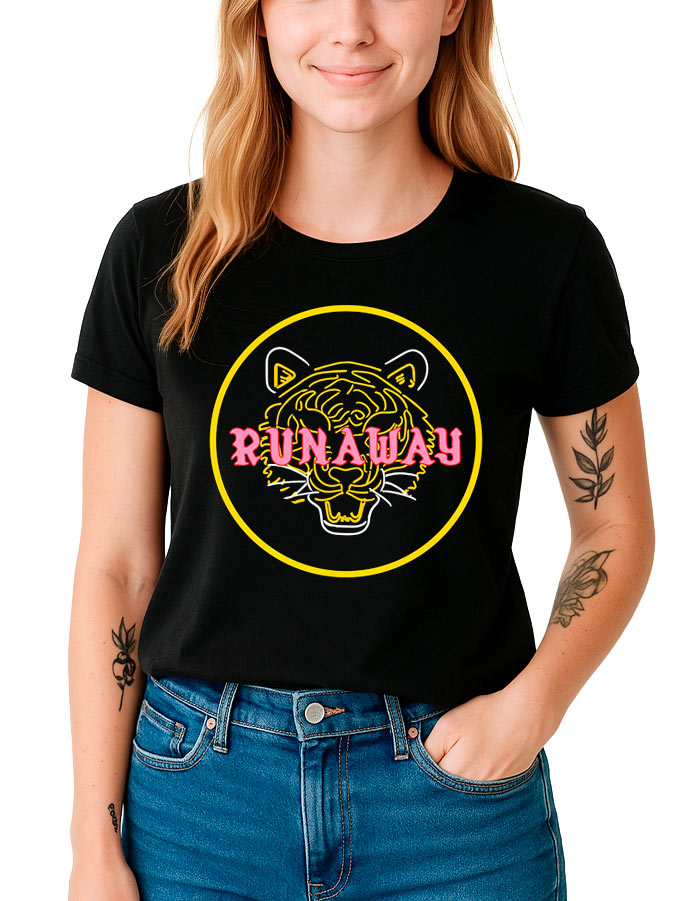 tshirt-muzyczny-damski-czarny-one-republic-runaway ONE REPUBLIC damska koszulka czarna z żółtym konturem tygrysa i różowym napisem RUN AWAY na przodzie.