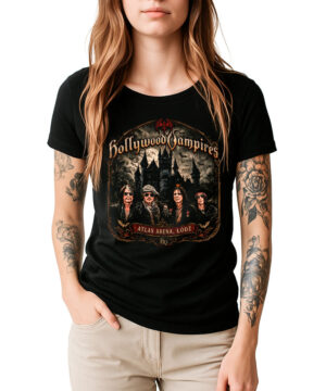 Czarna damska koszulka HOLLYWOOD VAMPIRES „Atlas Arena Łódź”, noszona przez kobietę z tatuażami, przedstawiona na białym tle.