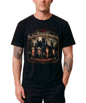 Czarna męska koszulka HOLLYWOOD VAMPIRES z nadrukiem przedstawiającym trzy postacie, zamek oraz napis „Atlas Arena, Łódź” z przodu.
