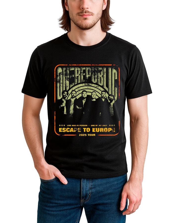 tshirt-muzyczny-meski-czarny-one-republic-escape-to-europe-tour Czarna koszulka męska z żółto-pomarańczową grafiką zespołu ONE REPUBLIC "Escape to Europe Tour" i tekstem z przodu.