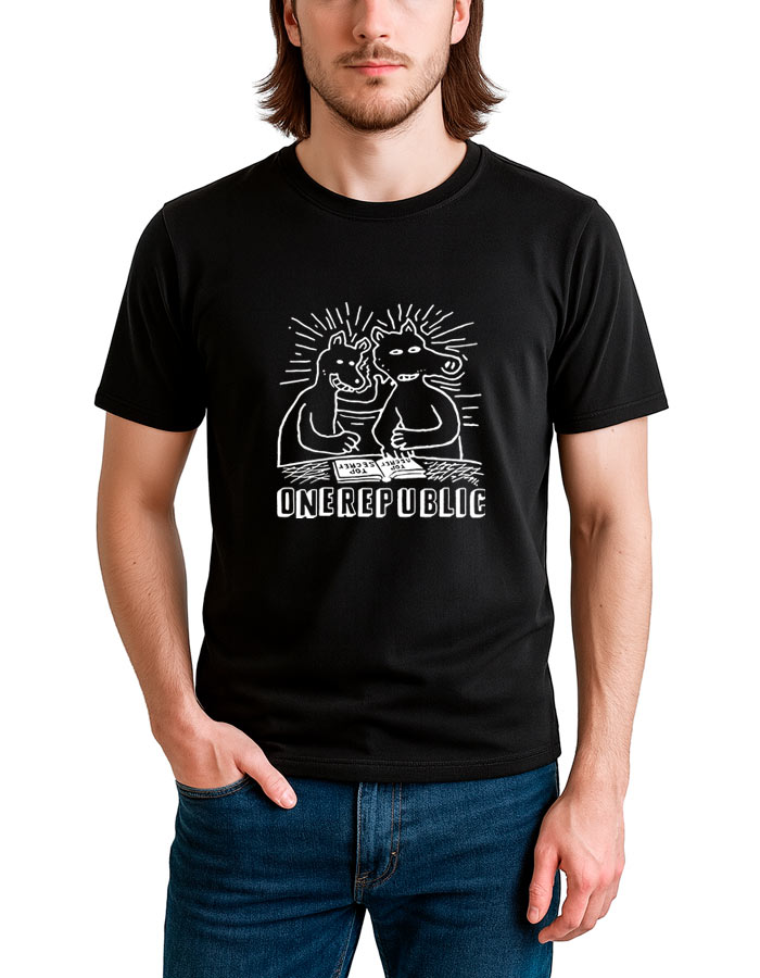 tshirt-muzyczny-meski-czarny-one-republic-secrets Czarna koszulka męska ONE REPUBLIC "Secrets" z białą grafiką dwóch zwierząt i napisem ONEREPUBLIC na przodzie.