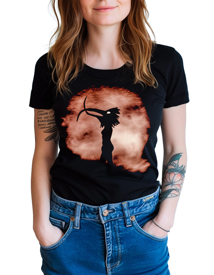 Damski T-shirt DEPECHE MODE „Walking in my shoes” w kolorze czarnym z nadrukiem przedstawiającym sylwetkę na tle czerwonych chmur. Modelka ma tatuaże na obu rękach i trzyma dłonie w kieszeniach dżinsów.