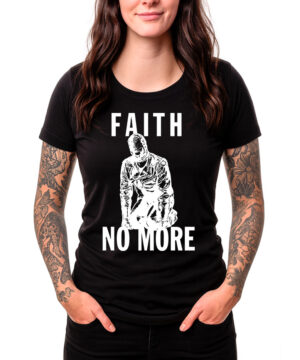 Czarna damska koszulka FAITH NO MORE „Gimp” z białym nadrukiem przedstawiającym klęczącą postać pośrodku oraz napisem „FAITH NO MORE”.