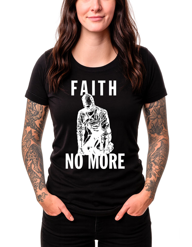tshirt-damski-czarny-faith-no-more-gimp Czarna damska koszulka FAITH NO MORE „Gimp” z białym nadrukiem przedstawiającym klęczącą postać pośrodku oraz napisem „FAITH NO MORE”.