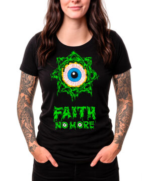 Damska koszulka FAITH NO MORE „Slime Sludge Eye” w kolorze czarnym, z dużym nadrukiem przedstawiającym zielono-niebieskie oko oraz napisem „Faith No More” stylizowanym na zielony śluz.