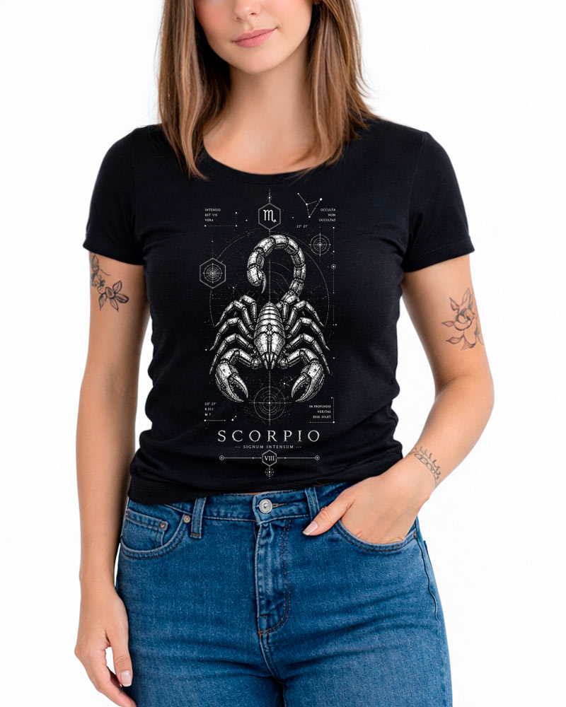 tshirt-damski-czarny-znaki-zodiaku-astro-mechanica-skorpion Czarna damska koszulka „Skorpion” z dekoltem w kształcie serca, ozdobiona dużym białym nadrukiem przedstawiającym skorpiona oraz napisem „Scorpio” pod grafiką; modelka ma na sobie niebieskie dżinsy i tatuaże na obu przedramionach.