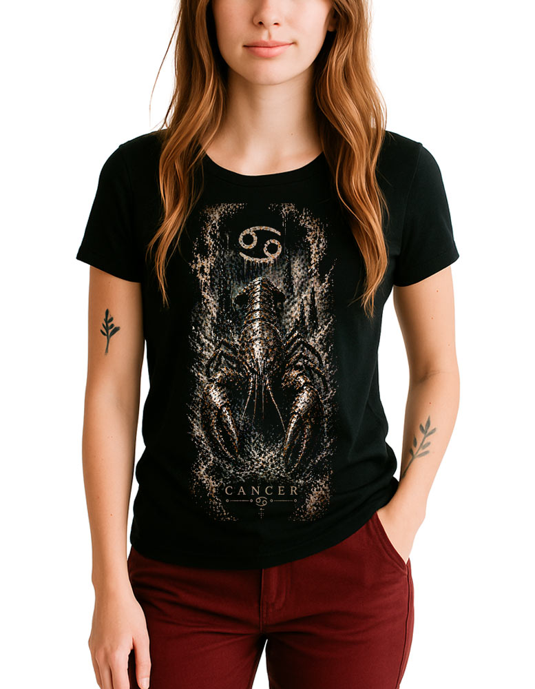tshirt-damski-czarny-znaki-zodiaku-zodiac-mystique-rak Czarna damska koszulka marki Rak z dekoltem w kształcie litery V i nadrukiem przedstawiającym homara, zaprezentowana na modelce ubranej w czerwone spodnie oraz z widocznymi tatuażami roślinnymi na przedramionach.