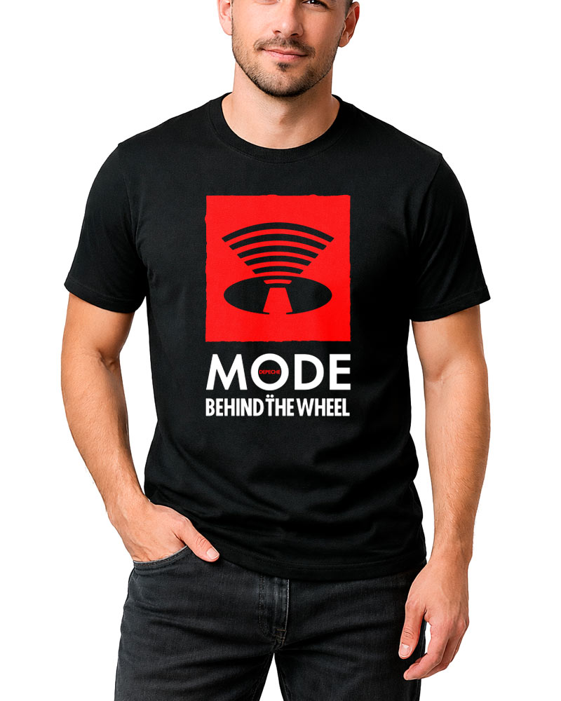 tshirt-meski-czarny-depeche-mode-behind-the-wheel Czarna męska koszulka DEPECHE MODE z czerwono-białą grafiką oraz napisem „MODE BEHIND THE WHEEL” z przodu.