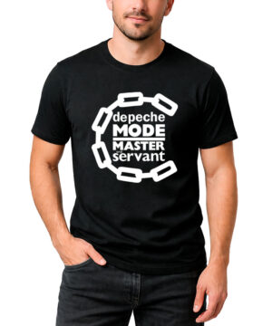 Czarna męska koszulka DEPECHE MODE „Master and Servant” z nadrukiem białego łańcucha i napisem „depeche MODE MASTER servant” z przodu.