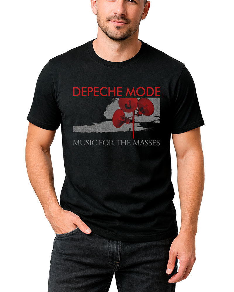 Czarna męska koszulka DEPECHE MODE „Music for the Masses classic” z czerwonymi megafonami i szarym nadrukiem w tle.