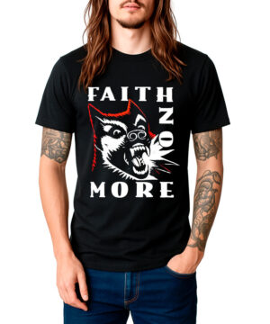 Męska koszulka FAITH NO MORE „Logo dog” w kolorze czarnym, z dużym nadrukiem przedstawiającym wilka z przodu oraz białym napisem FAITH NO MORE.