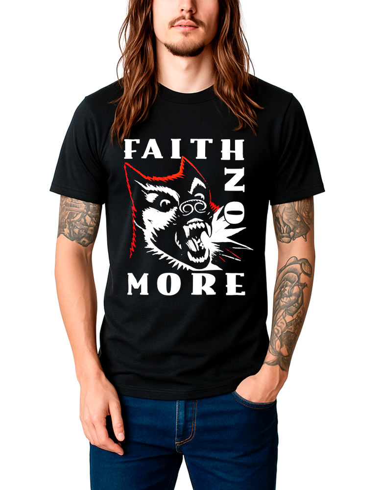 tshirt-meski-czarny-faith-no-more-logo-dog Męska koszulka FAITH NO MORE „Logo dog” w kolorze czarnym, z dużym nadrukiem przedstawiającym wilka z przodu oraz białym napisem FAITH NO MORE.