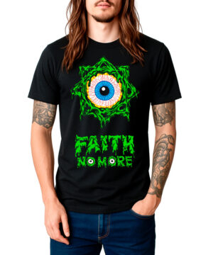 Czarna koszulka FAITH NO MORE „Slime Sludge Eye” z dużym niebieskim nadrukiem przedstawiającym gałkę oczną oraz zielonymi elementami dekoracyjnymi z przodu. Kolor produktu: czarny.