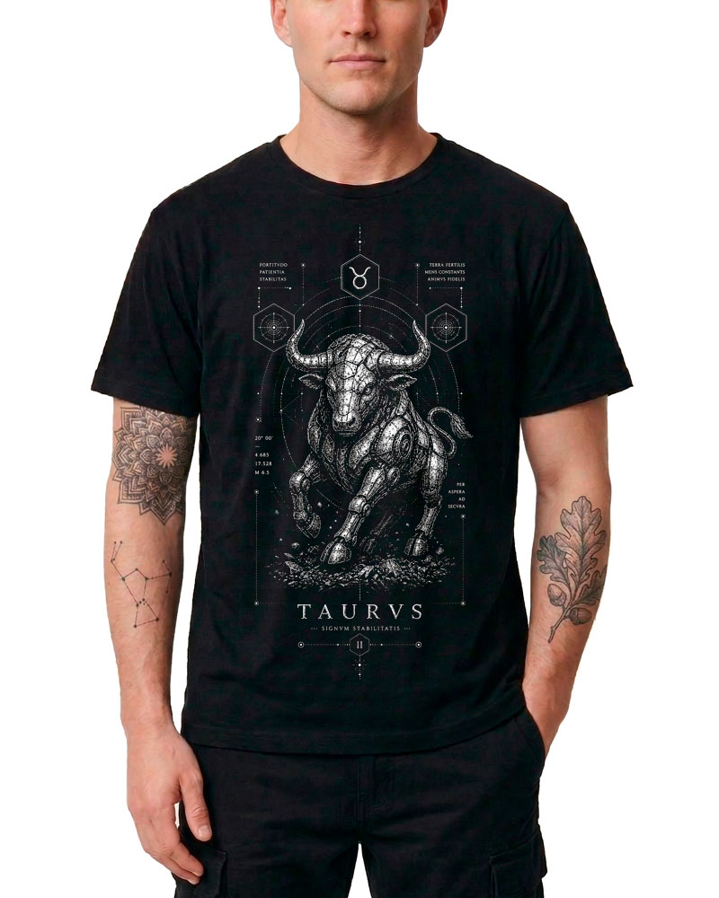 tshirt-meski-czarny-znaki-zodiaku-astro-mechanica-byk Czarna męska koszulka z nadrukiem przedstawiającym szczegółową głowę byka oraz geometryczne wzory. Na dole znajduje się nadruk z napisem „TAURUS”.