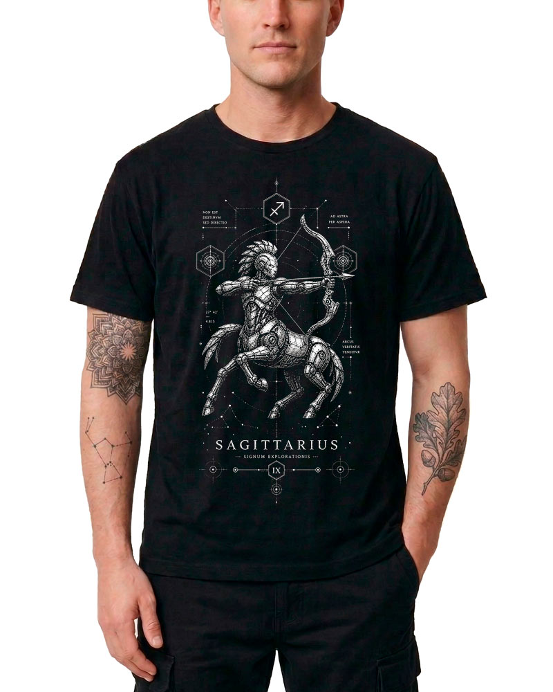 tshirt-meski-czarny-znaki-zodiaku-astro-mechanica-strzelec Mężczyzna ma na sobie czarną męską koszulkę marki Strzelec z nadrukiem przedstawiającym centaura-łucznika, znaki zodiaku oraz napis „Sagittarius”. Na obu ramionach widać tatuaże.