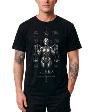 Czarna męska koszulka „Waga” z grafiką przedstawiającą robota trzymającego wagę oraz napisem LIBRA, inspirowana znakiem zodiaku Waga, zaprezentowana na modelu.