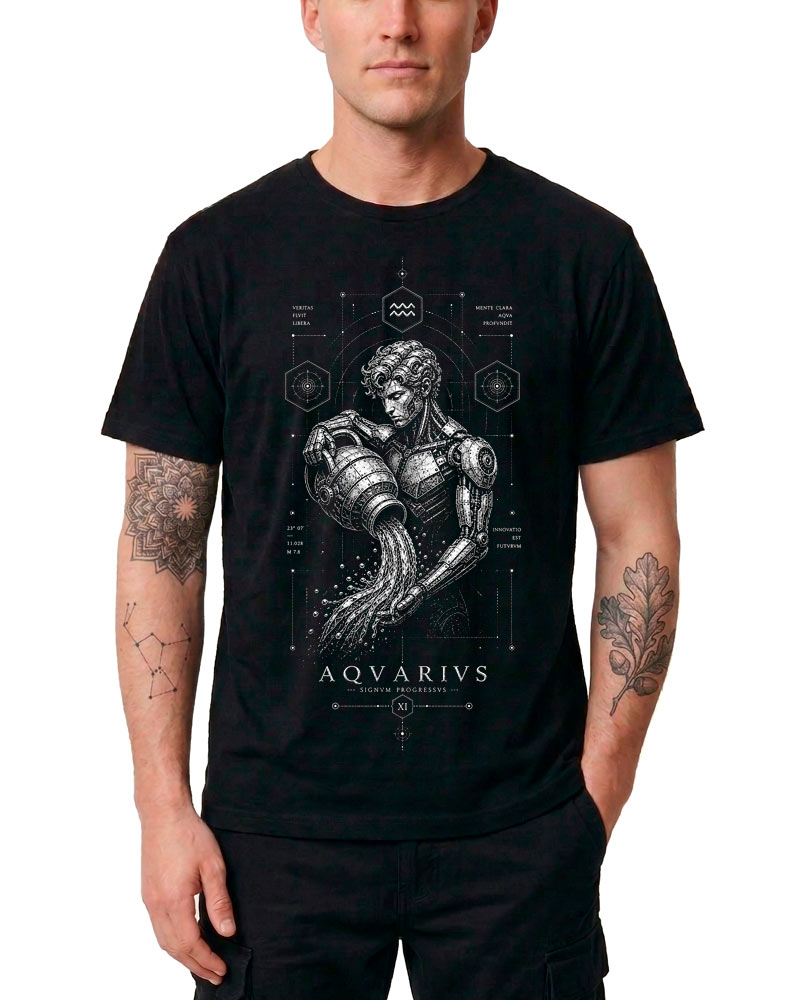 tshirt-meski-czarny-znaki-zodiaku-astro-mechanica-wodnik Czarna męska koszulka z motywem Wodnika, z nadrukiem przedstawiającym mechaniczną postać wylewającą wodę, z napisem „Aquarius” i symbolami zodiaku.