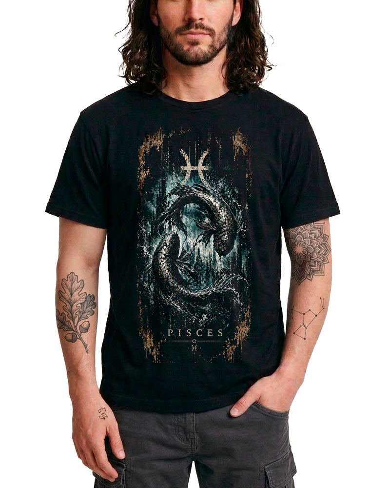 tshirt-meski-czarny-znaki-zodiaku-zodiac-mystique-ryby Mężczyzna z długimi włosami prezentuje czarną męską koszulkę „Ryby” z nadrukiem graficznym przedstawiającym dwie ryby w znaku zodiaku Ryb; na obu przedramionach widać tatuaże.