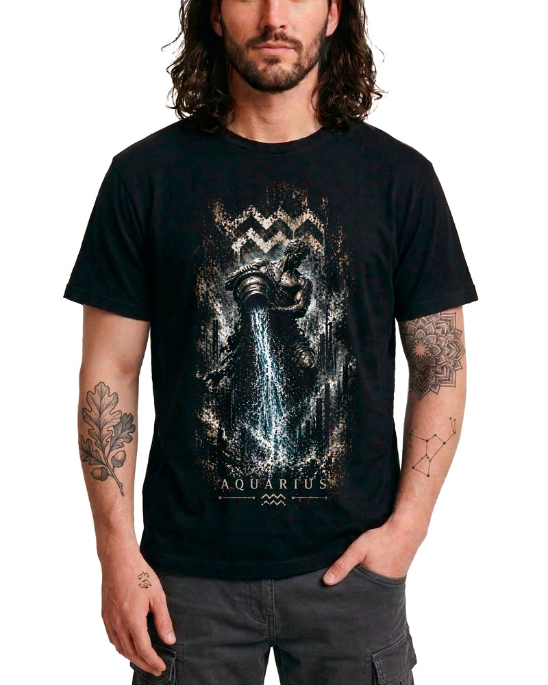 tshirt-meski-czarny-znaki-zodiaku-zodiac-mystique-wodnik Mężczyzna w czarnej koszulce z nadrukiem przedstawiającym znak Wodnika i wzory fal stoi z jedną ręką w kieszeni.